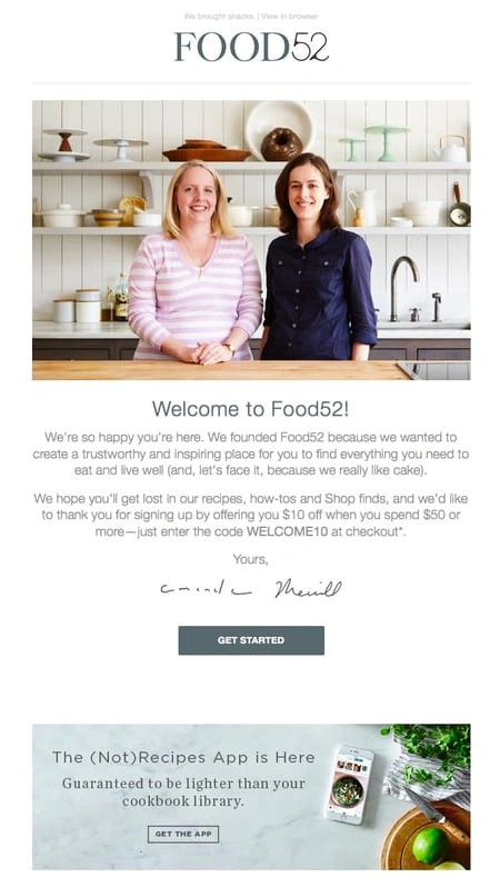 Welcome email from Food52