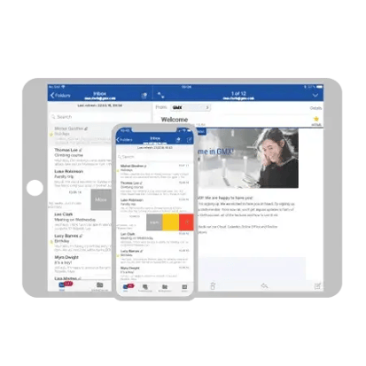 Graphic showing what the GMX email experience can look like on mobile devices.