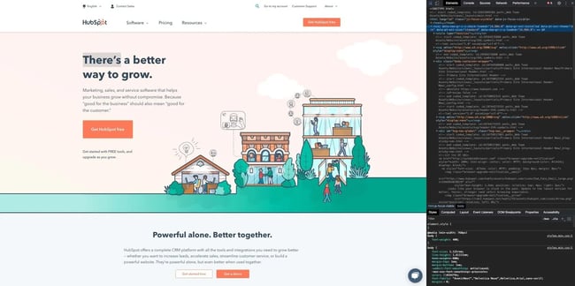 the hubspot homepage with the chrome inspect element tool open