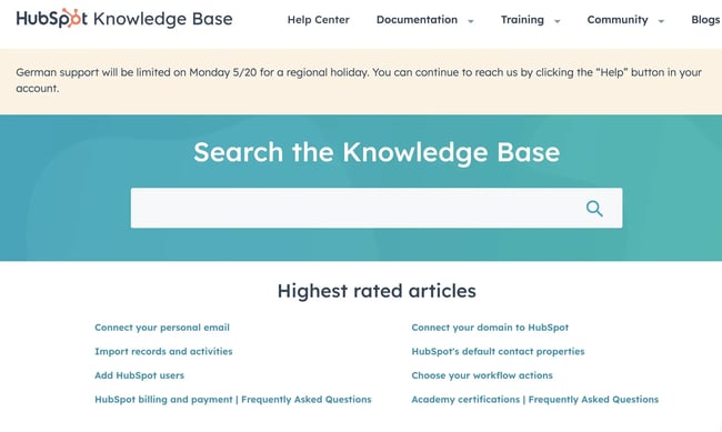 HubSpot Knowledge Base offers various information sources, including Help Center and Documentation. 