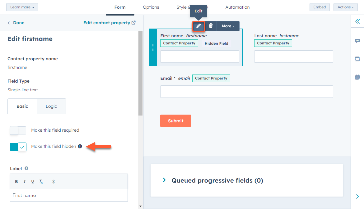 Pass contact property values with hidden form fields