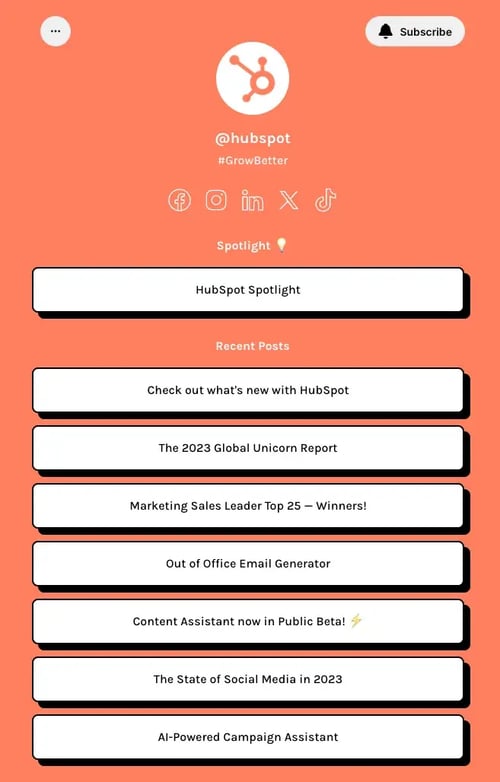 HubSpot’s Linktree with content links and other offers 