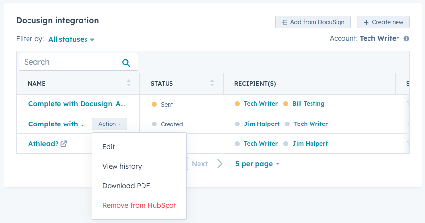 une capture d’écran montrant les actions qu’une personne peut effectuer dans la carte centrale de l’intégration Docusign de HubSpot