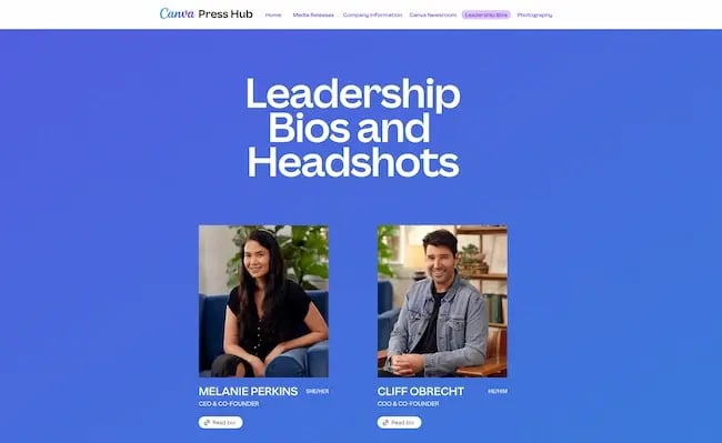 Canva’s media kit includes beautifully designed leader bios.