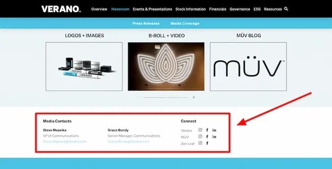 Verano’s media/press kit highlights contact information prominently.