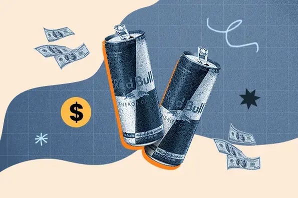 Graphic-by-box marketing concept with Red Bull can and dollar iconography