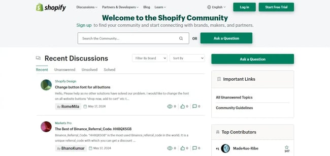 The Shopify Community homepage shows recent discussions.