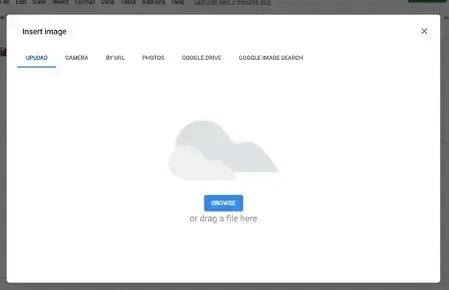 Screenshot showing the Insert Image pop-up window in Google Docs