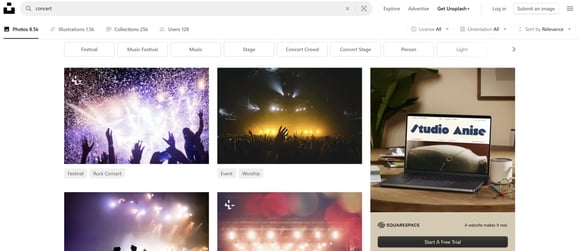 screenshot of unsplash website showing a variety of concert images