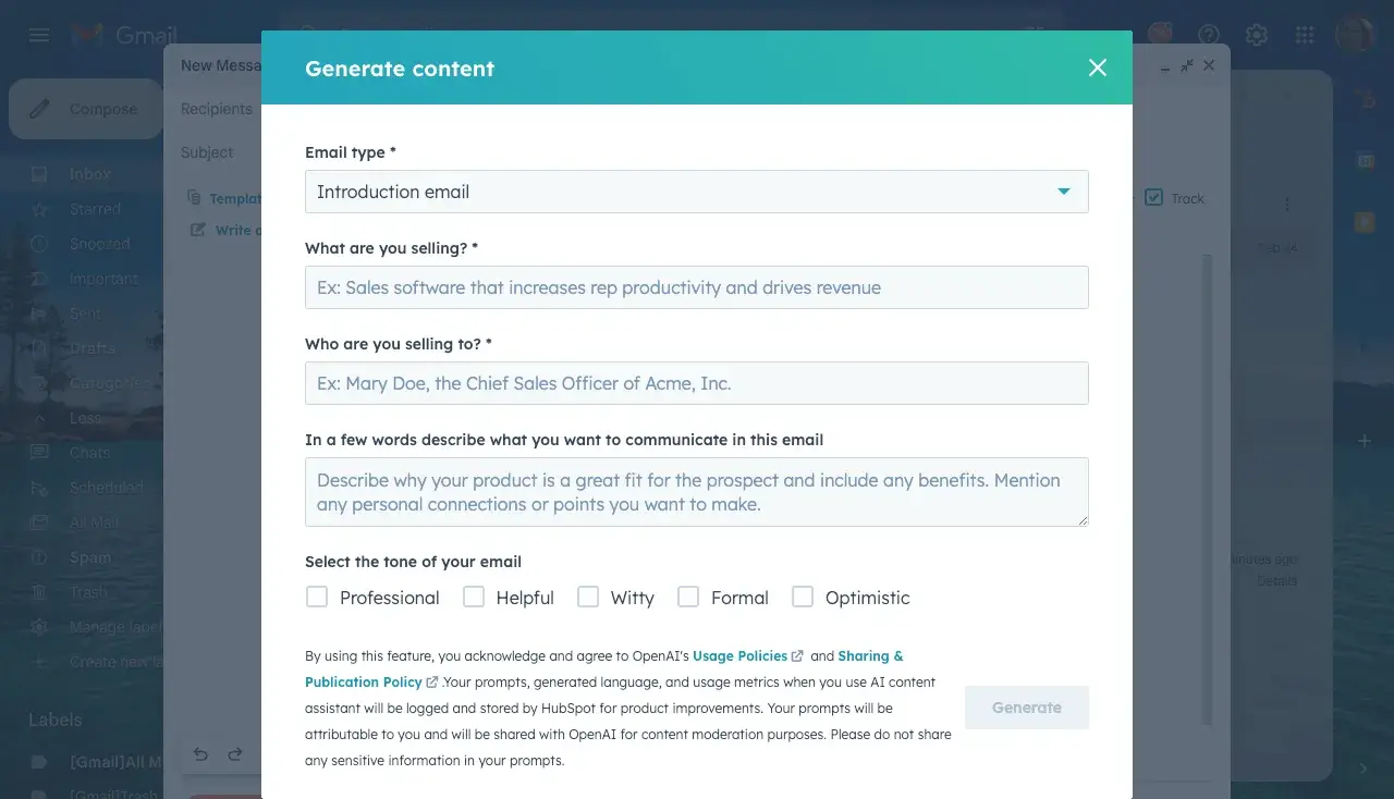 a screenshot demoing HubSpot’s content assistant tool