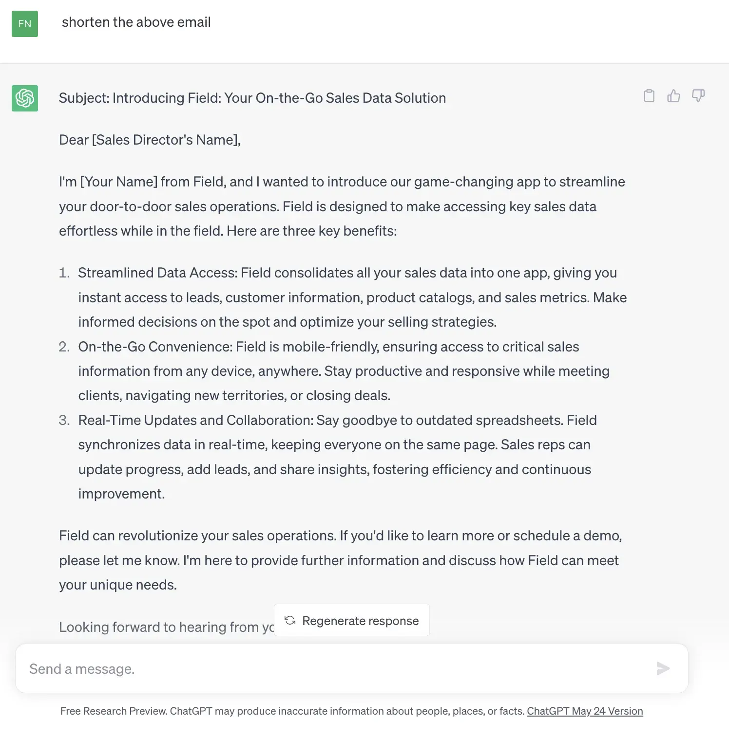 a screenshot of chatgpt shortening the previous prompt about writing a sales email