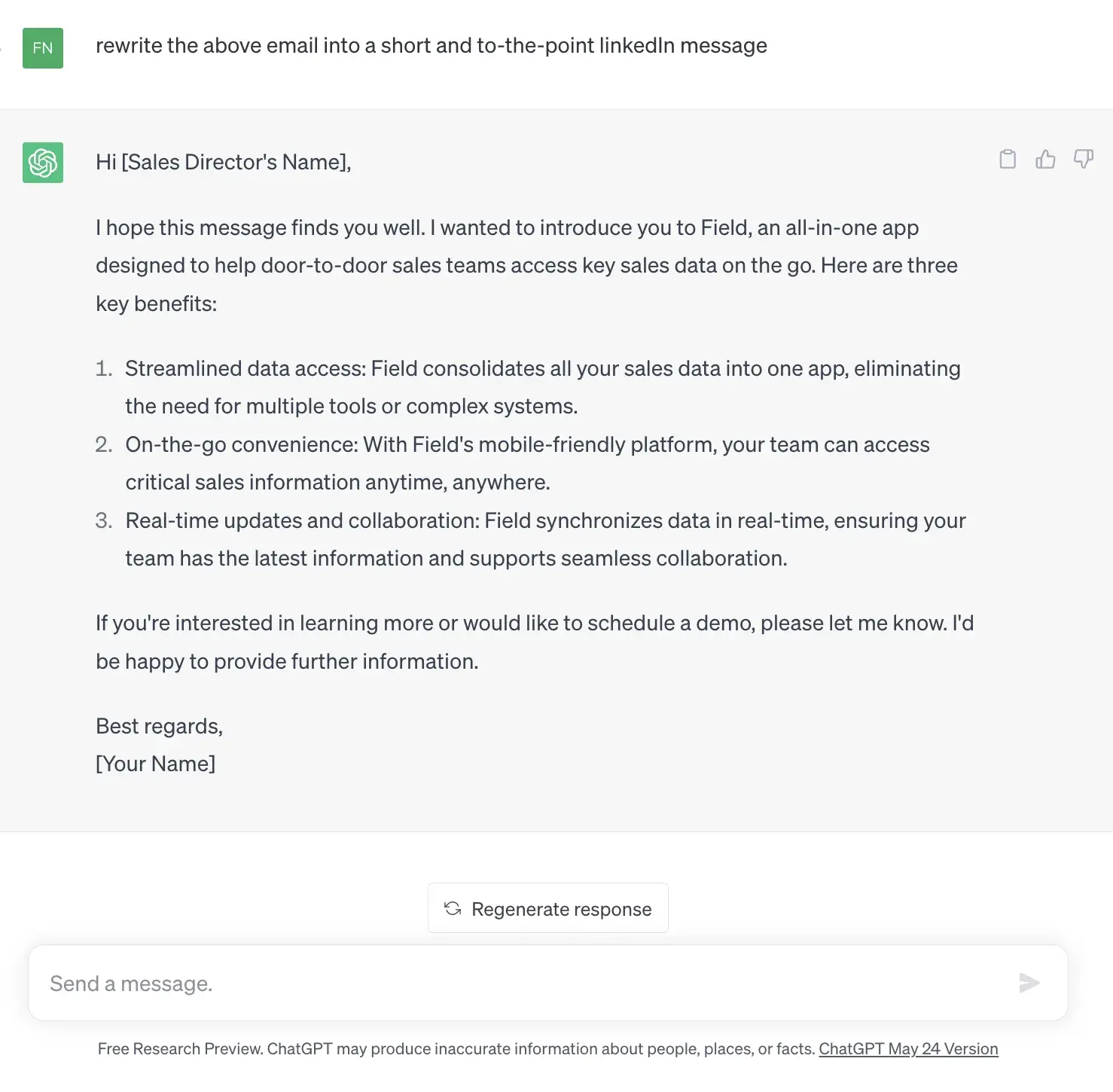 a screenshot of chatgpt shortening the previous prompt about writing a sales email into a linkedin message