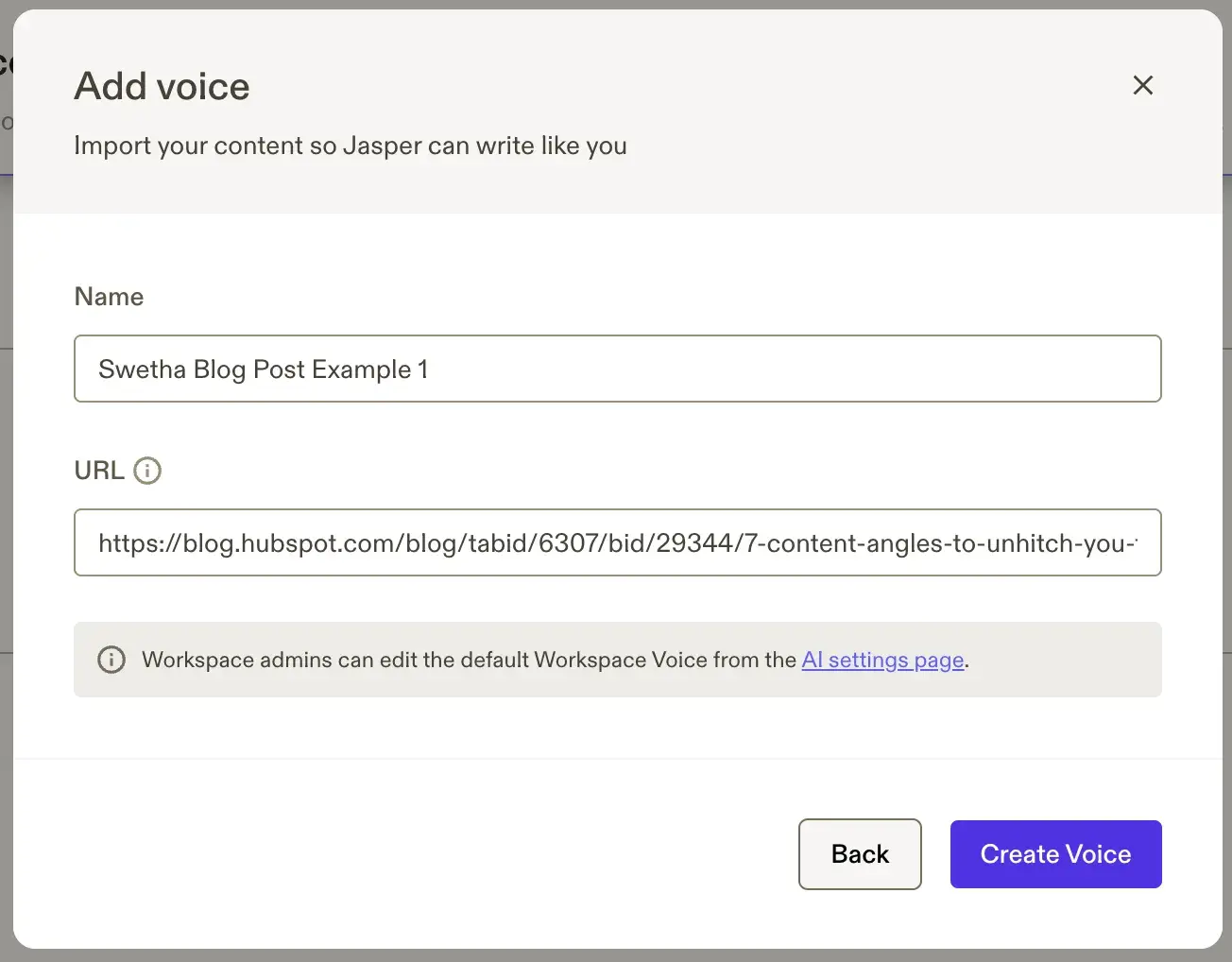 Screenshot from Jasper AI tool for productivity showing brand voice feature