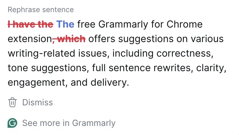 Screenshot from Grammarly AI tool for productivity showing editing feature