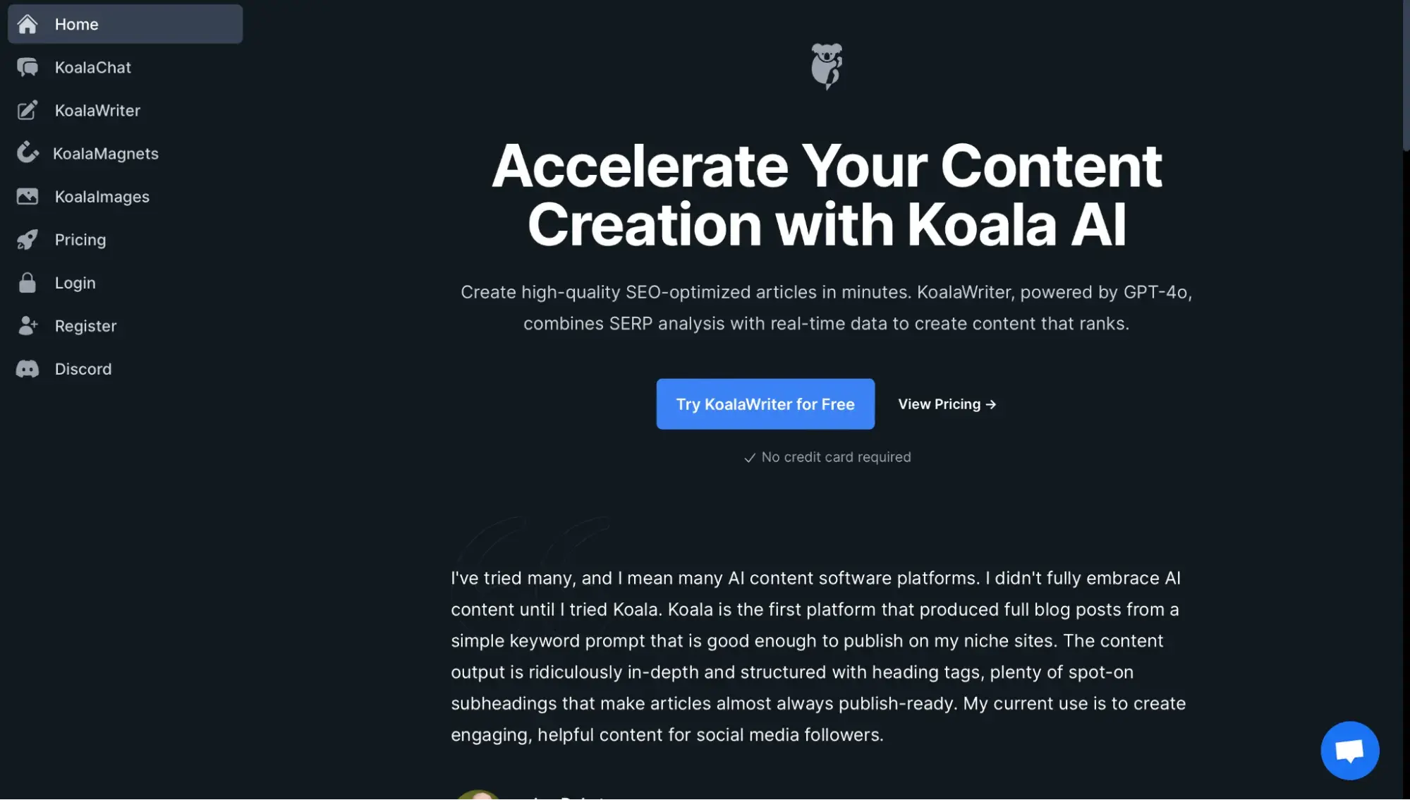 Screenshot of Koala's homepage