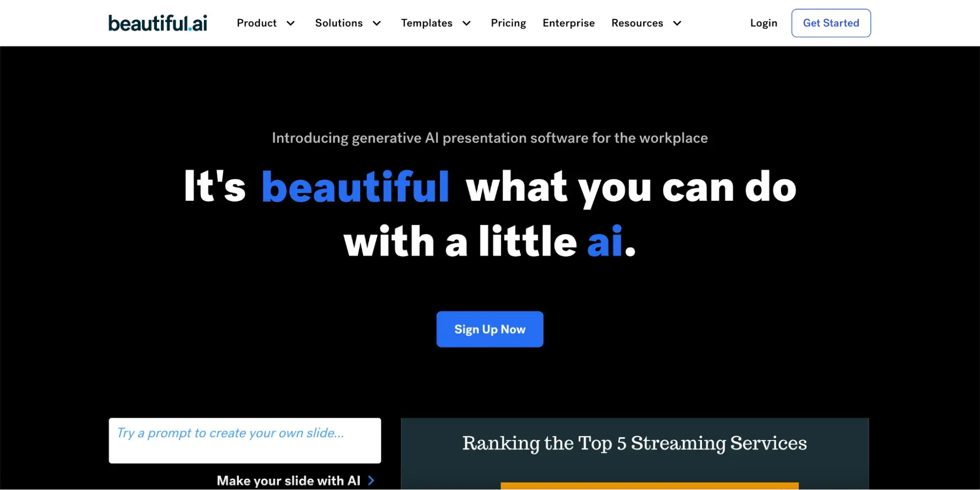 AI marketing tools; Screenshot of Beautiful AI's homepage