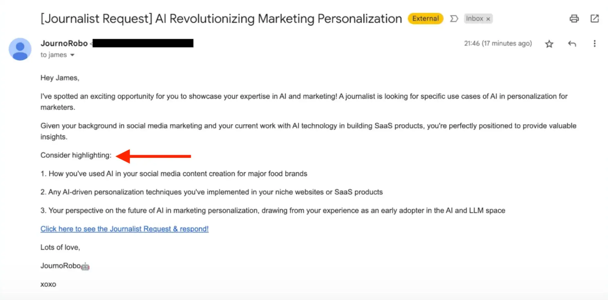 A personalized email generated by AI, AI Personalization Marketing 