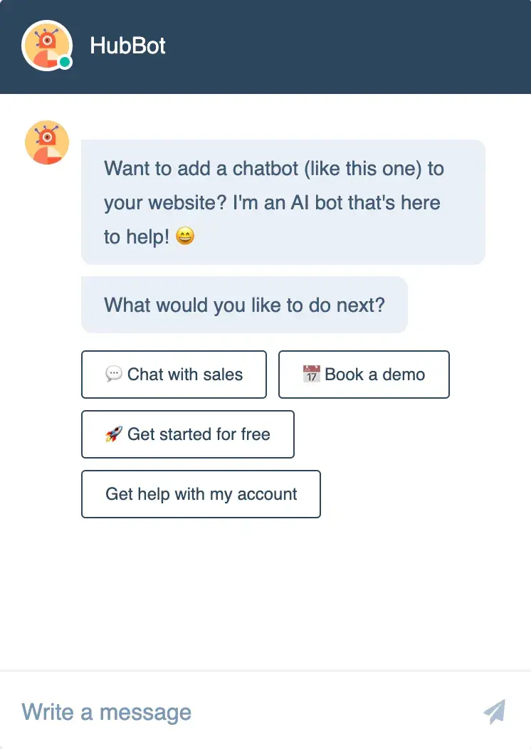 Hubspot's Chatbot, AI Personalization Marketing https://www.hubspot.com/products/crm/chatbot-builder 