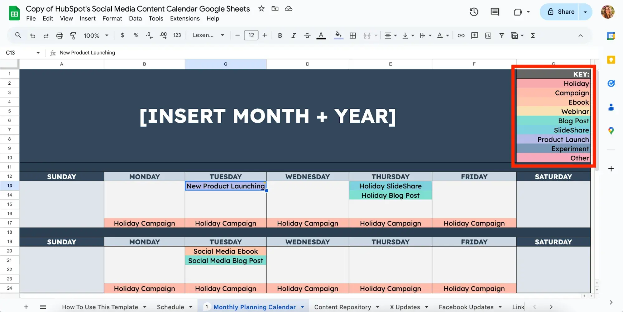 Content planner in social media content planner color coding: hubpothttps: //offers.hubspot.com/social-media-content-calendar