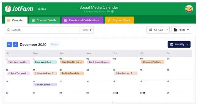 Examples of content calendar: Jotform social media content calendar