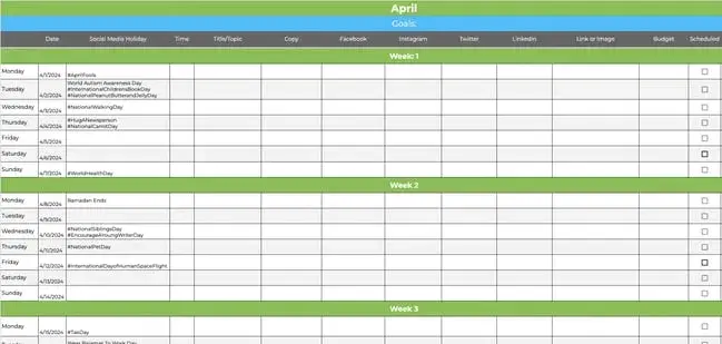 Examples of content calendar: Jotform social media content calendar