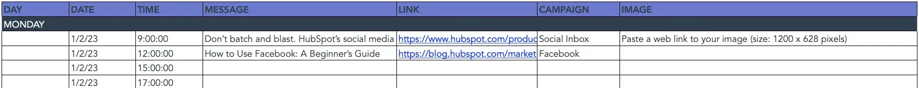 Content calendar tool for social media content: HubSpot templates