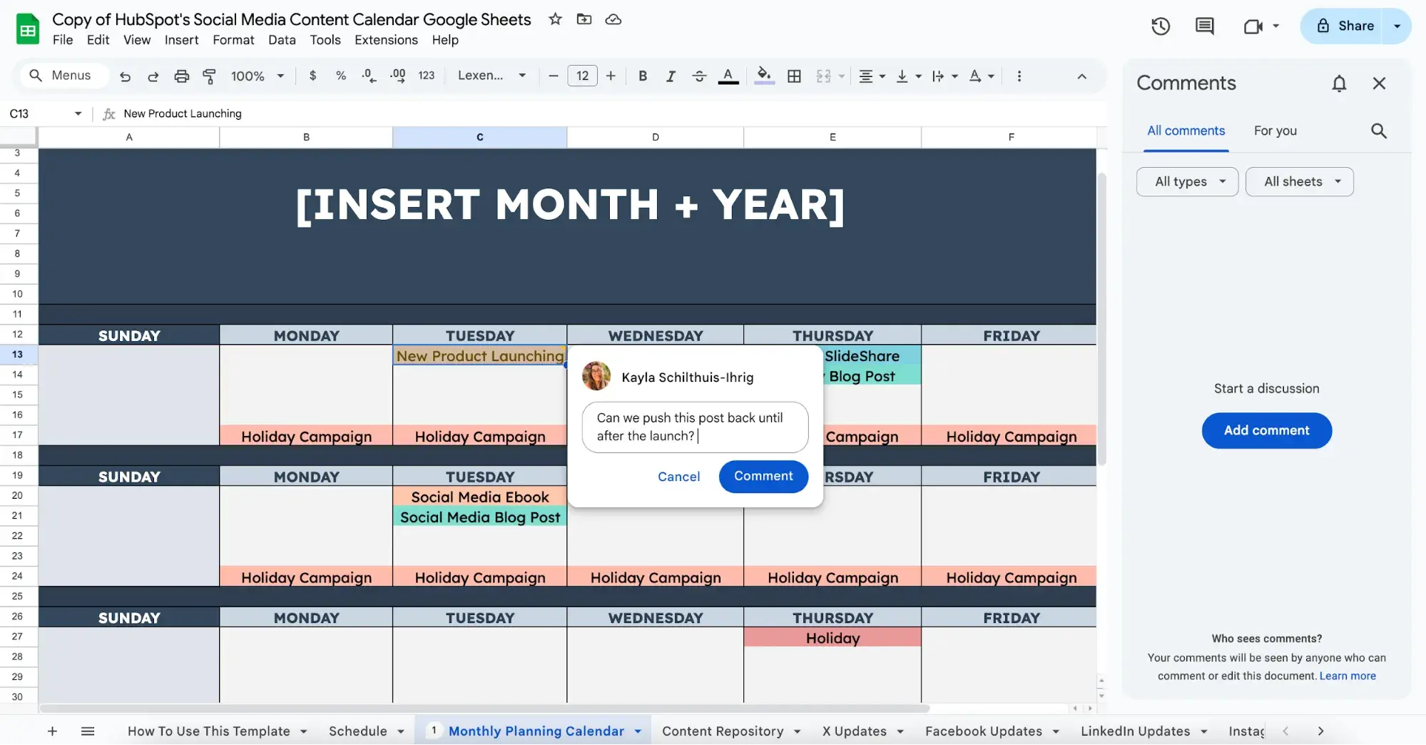 screenshot of hubspot’s free social media calendar with comments for easy collaboration