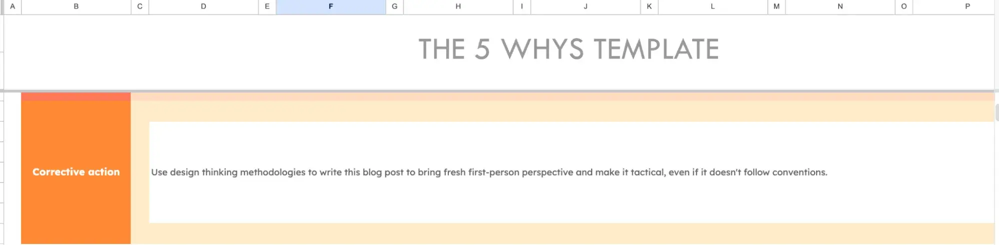 screenshot of the 5 whys template showing the corrective action: “use design thinking methodologies to write this blog post to bring fresh first-person perspective and make it tactical, even if it doesn’t follow conventions.”