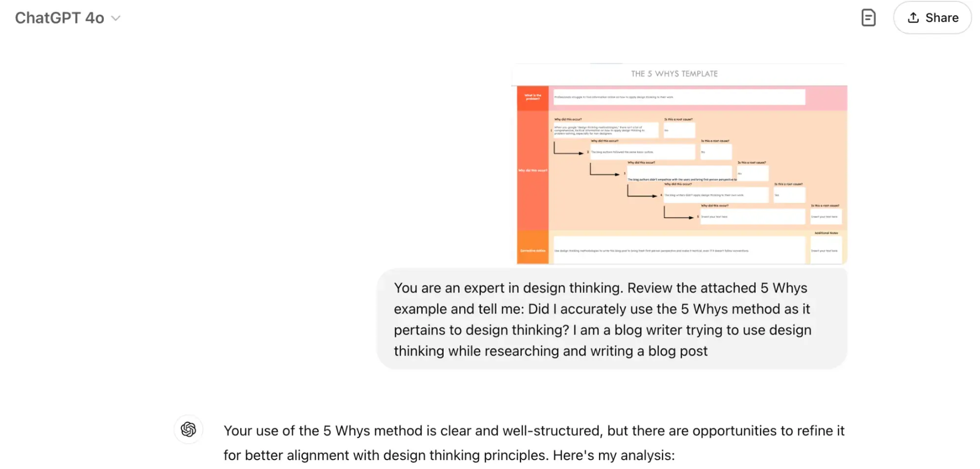 screenshot of conversation with chatgpt about improving the 5 whys template that the writer filled out