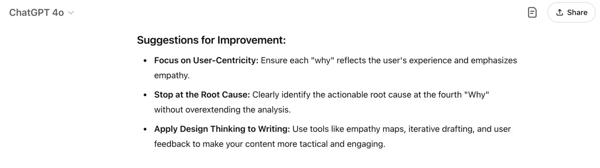 output from chatgpt: “suggestions for improvement: focus on user-centricity, stop at the root cause, apply design thinking to writing.”