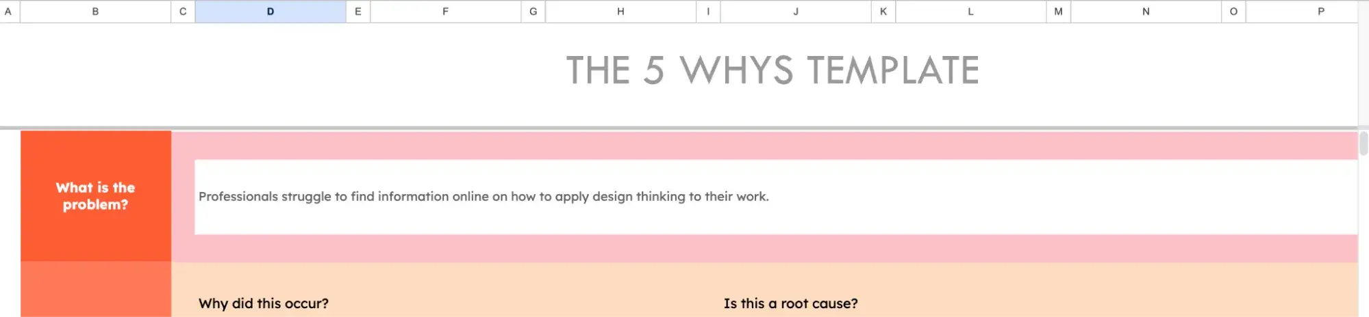 screenshot of the 5 whys template “what is the problem?”