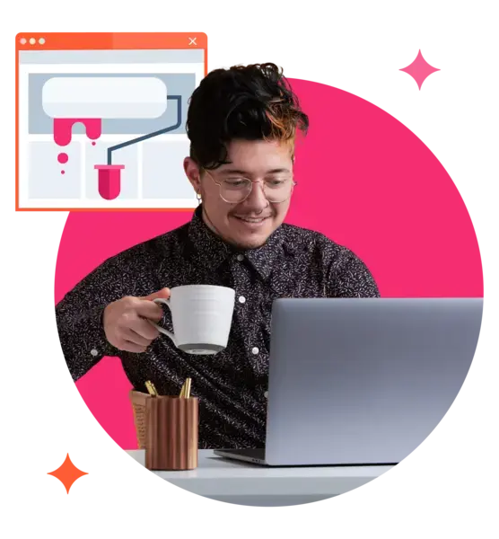 homme buvant un café devant son ordinateur avec icône de site web en création