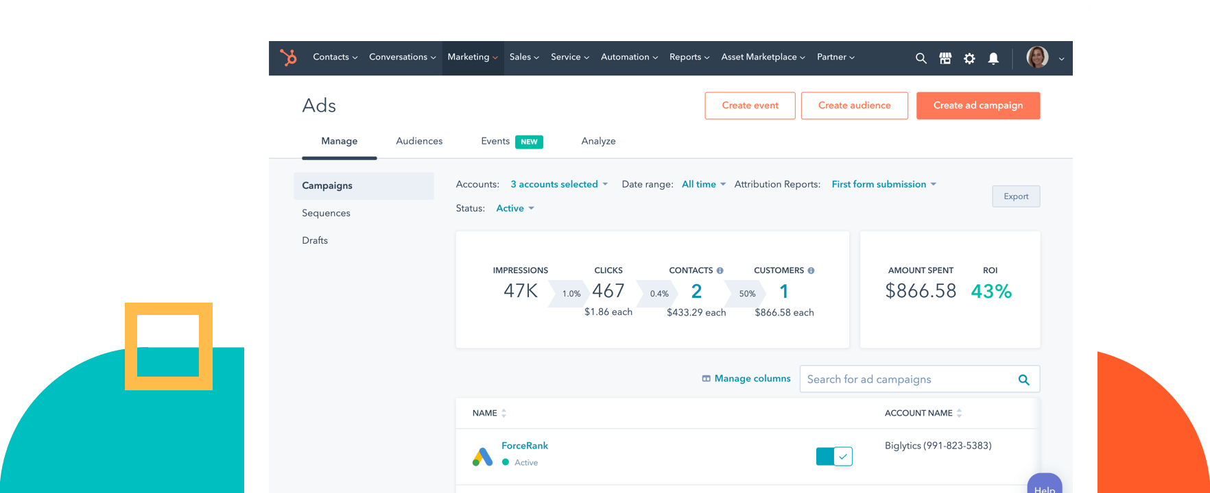 HubSpot UI showing HubSpot's ad management tools in Marketing Hub