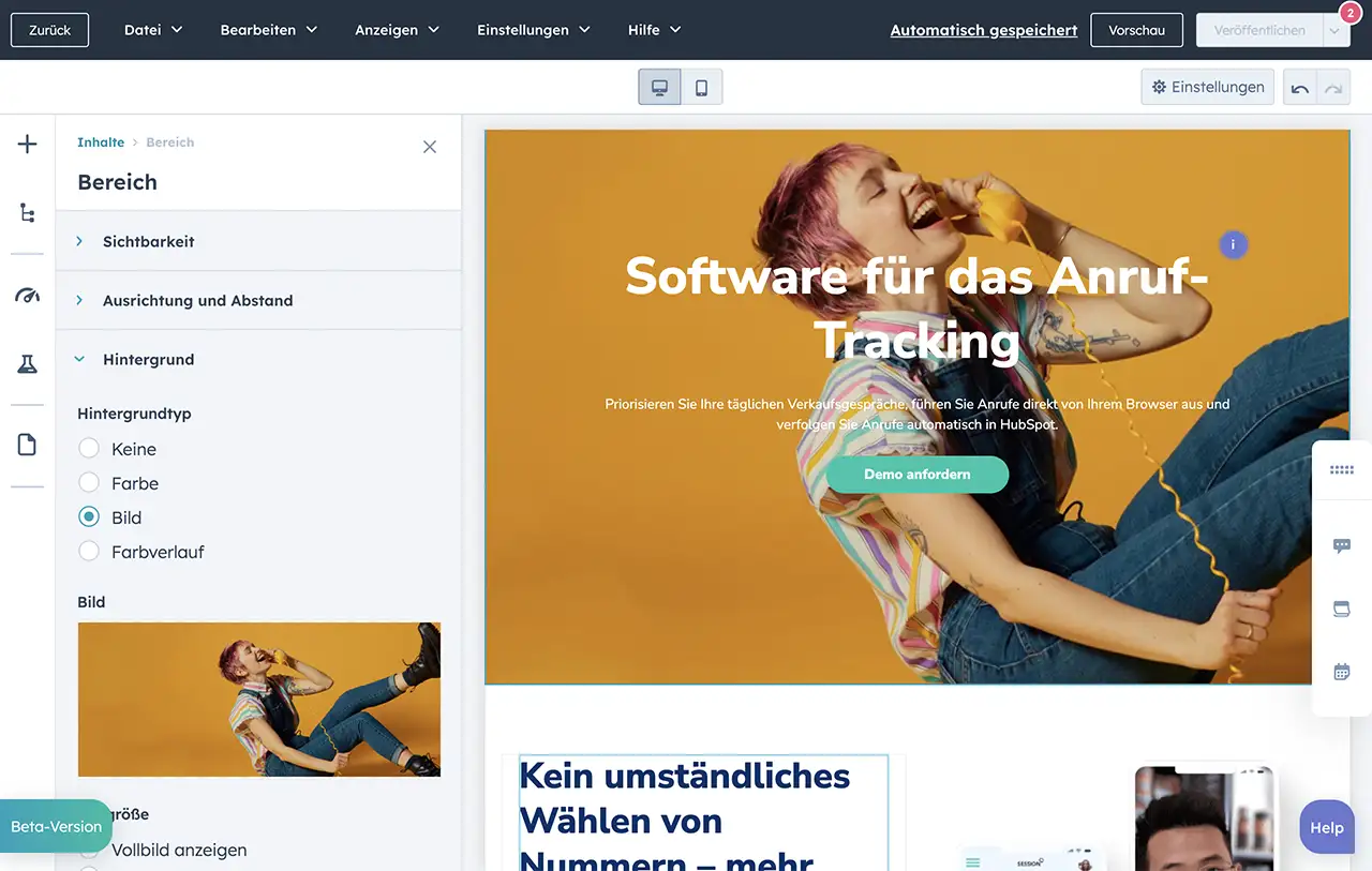 Seiteneditor mit Drag-&-Drop-Funktion von HubSpot