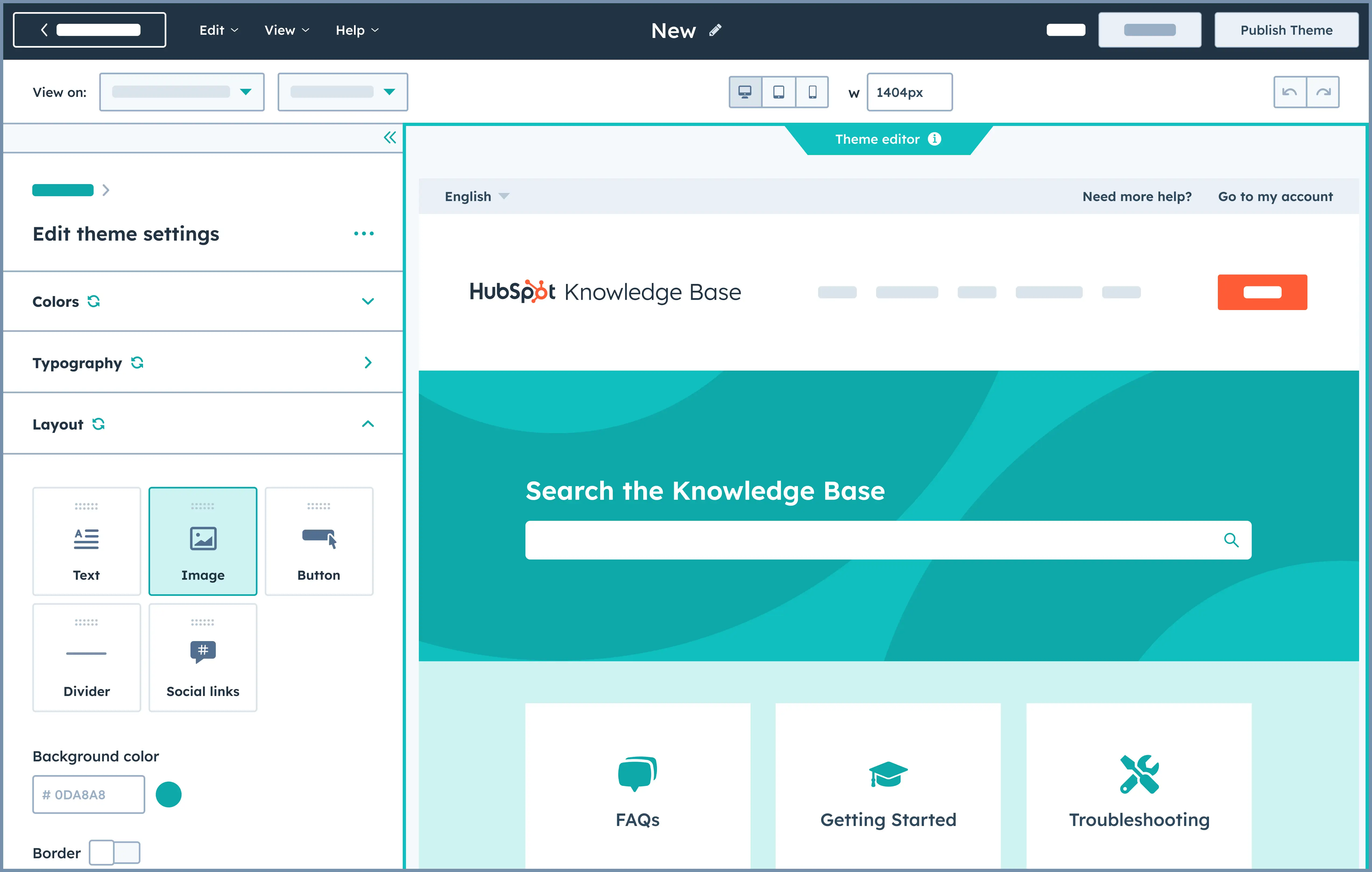 Simplified HubSpot UI showing the knowledge base editor and featuring the theme settings editor