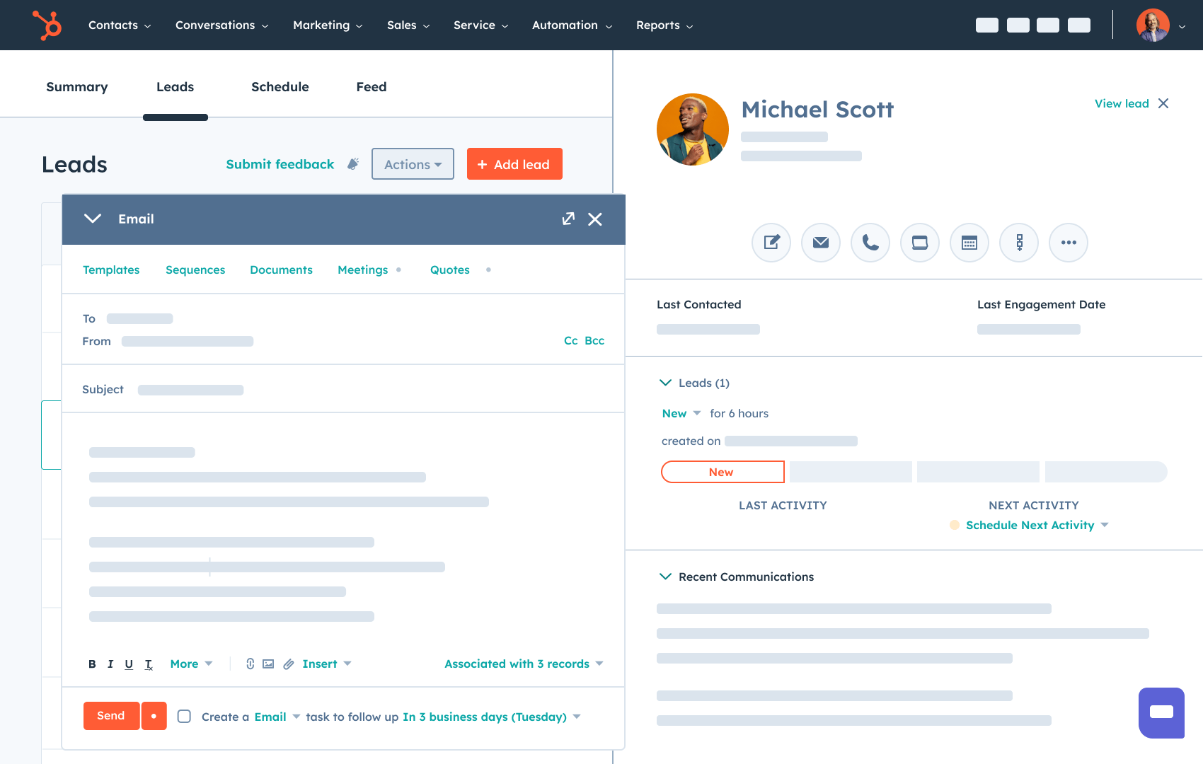 HubSpot prospecting workspace showing email functionality