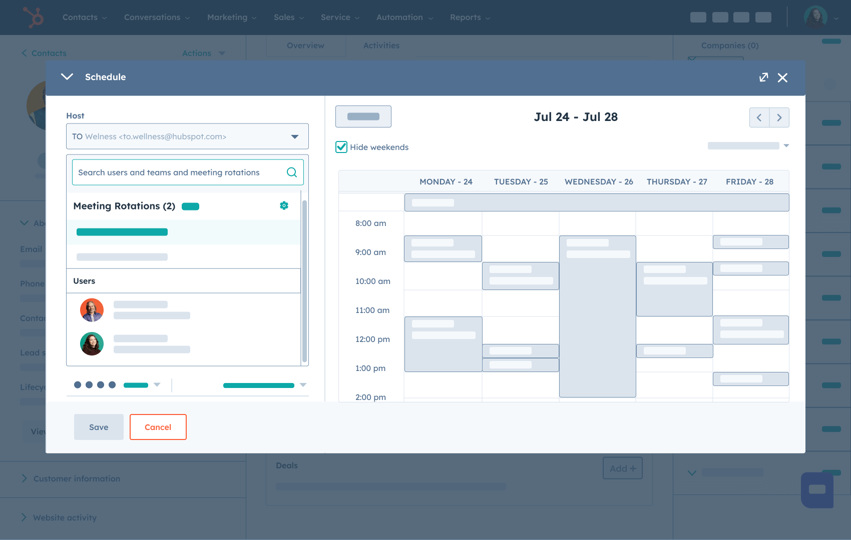 Sales Hub simple user interface showing meeting scheduling tool