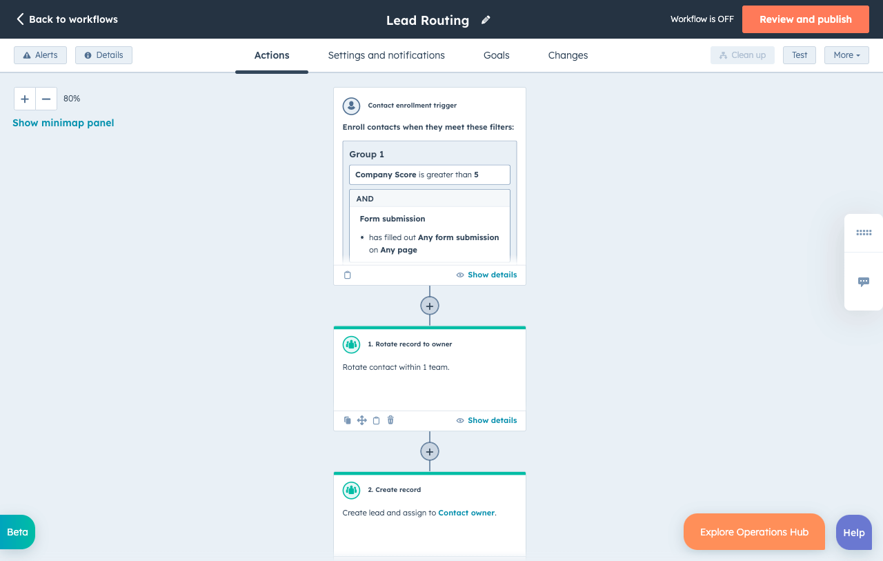 Sales Hub user interface showing workflow automation