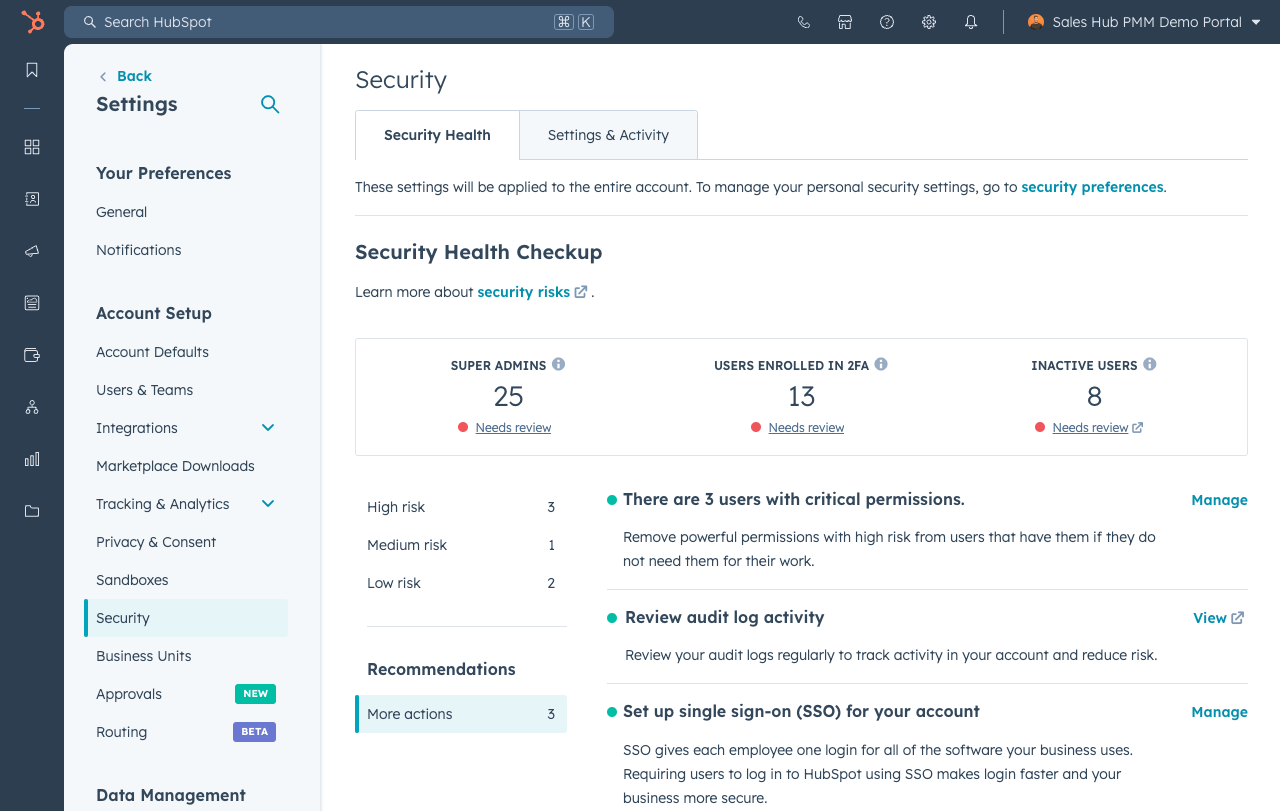sensitive data user interface showing security health recommendations
