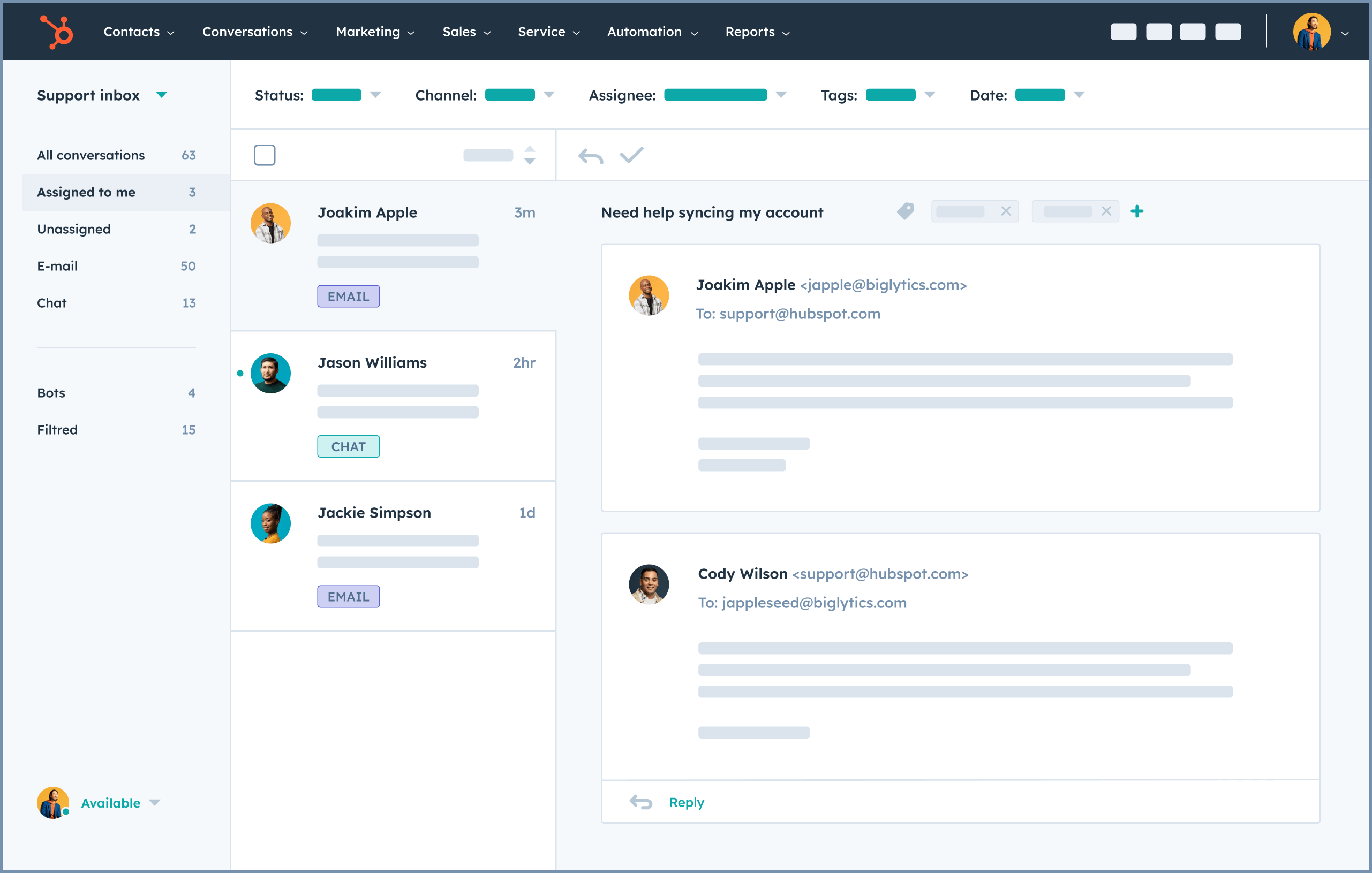 HubSpot's help desk workspace showing a view of customer tickets assigned to a specific user