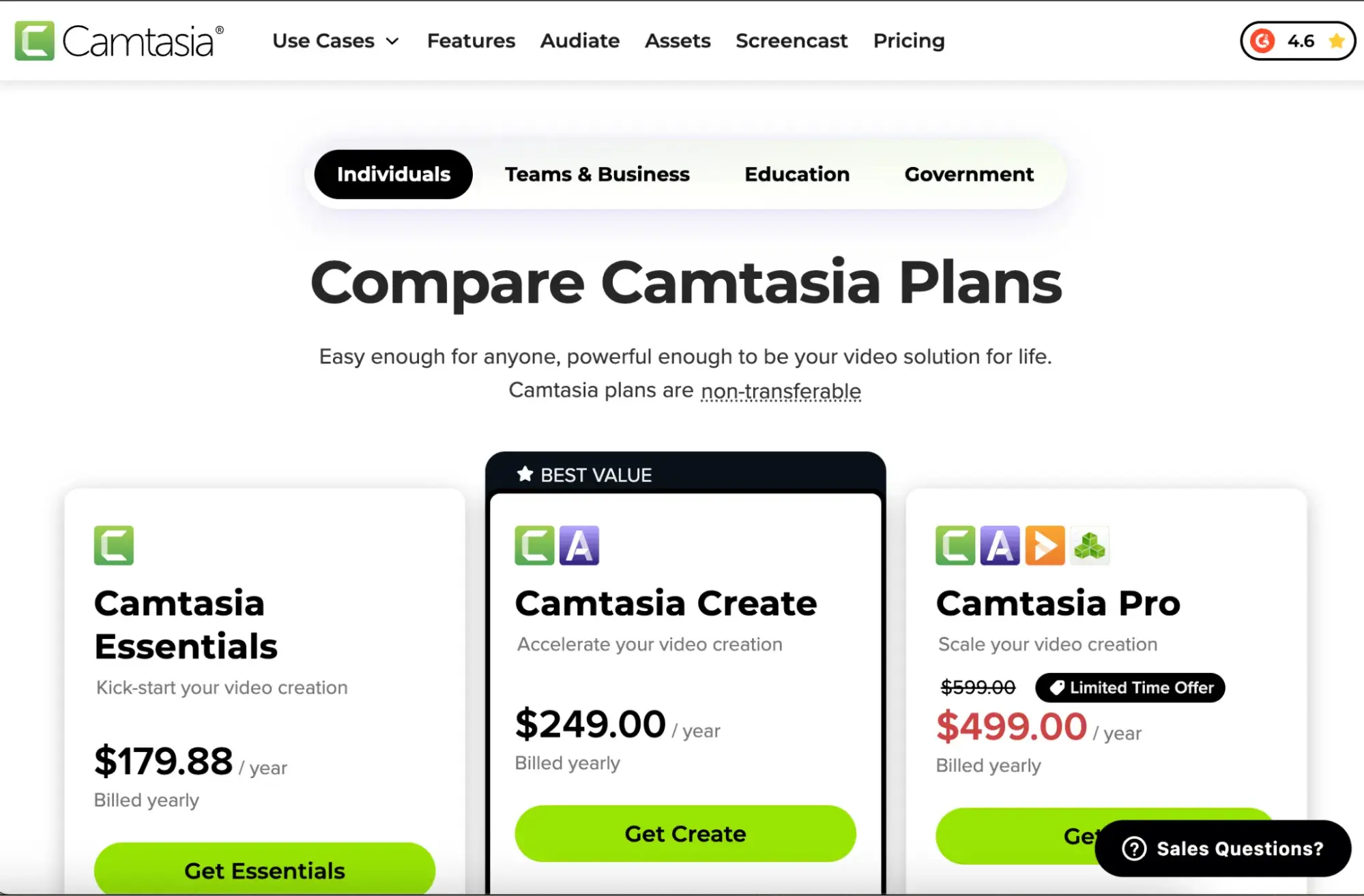 screenshot of camtasia homepage