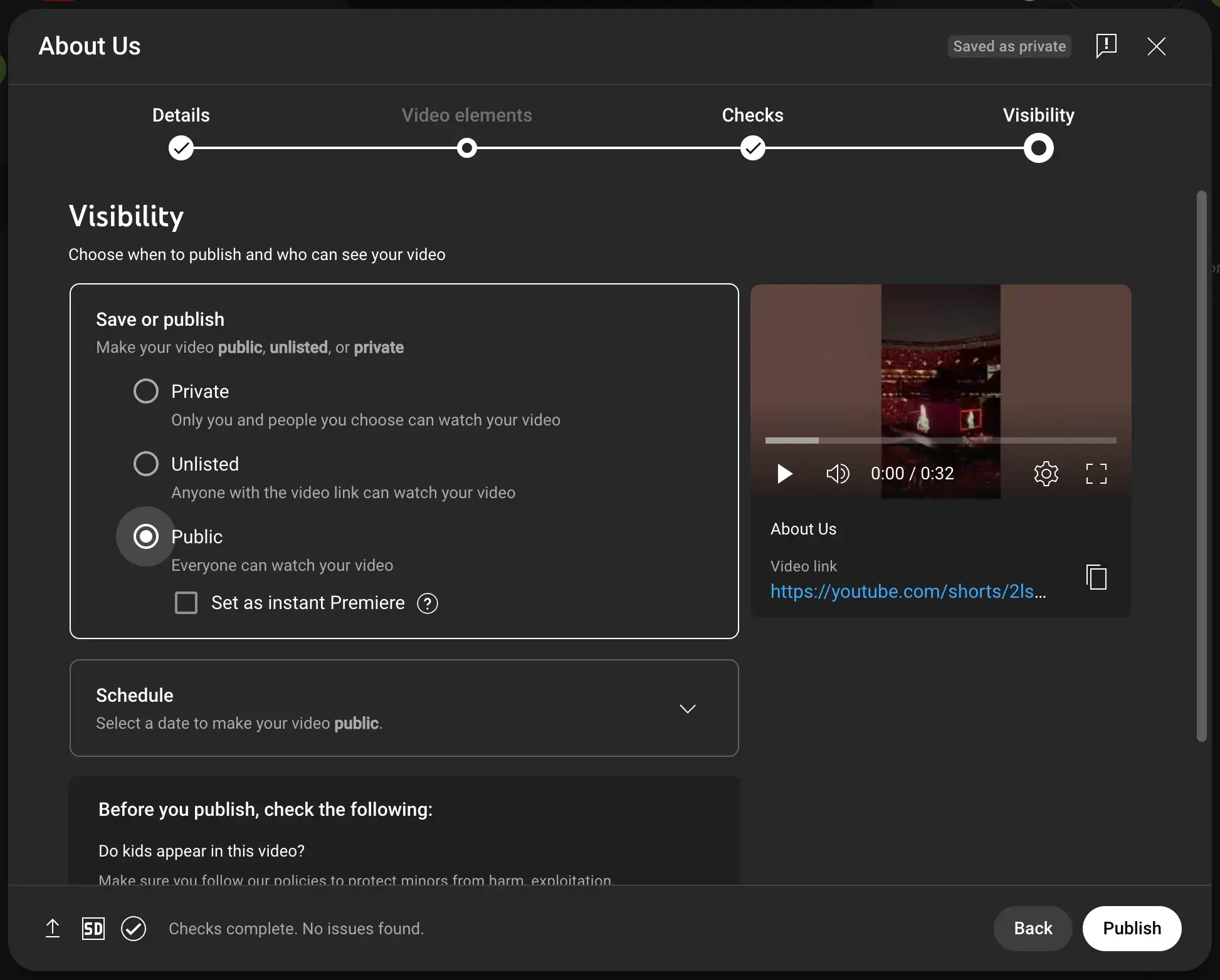 : Visibility step when publishing a video.