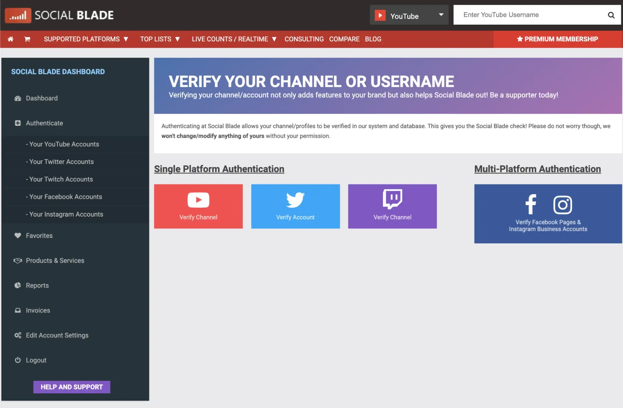 : Authenticate YouTube, X, Twitch, Facebook, and Instagram accounts.