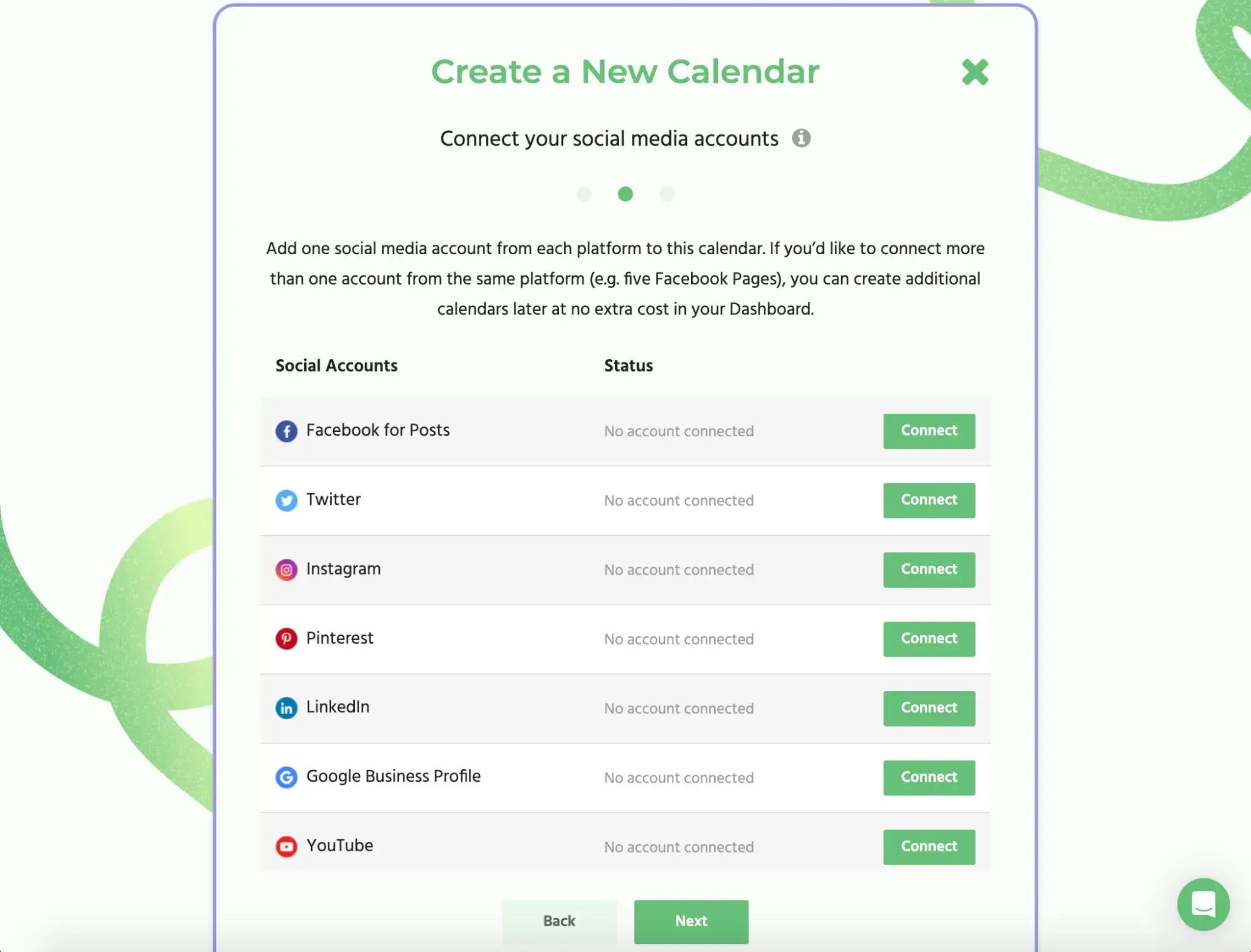 : Connect multiple social media profiles to a content calendar.