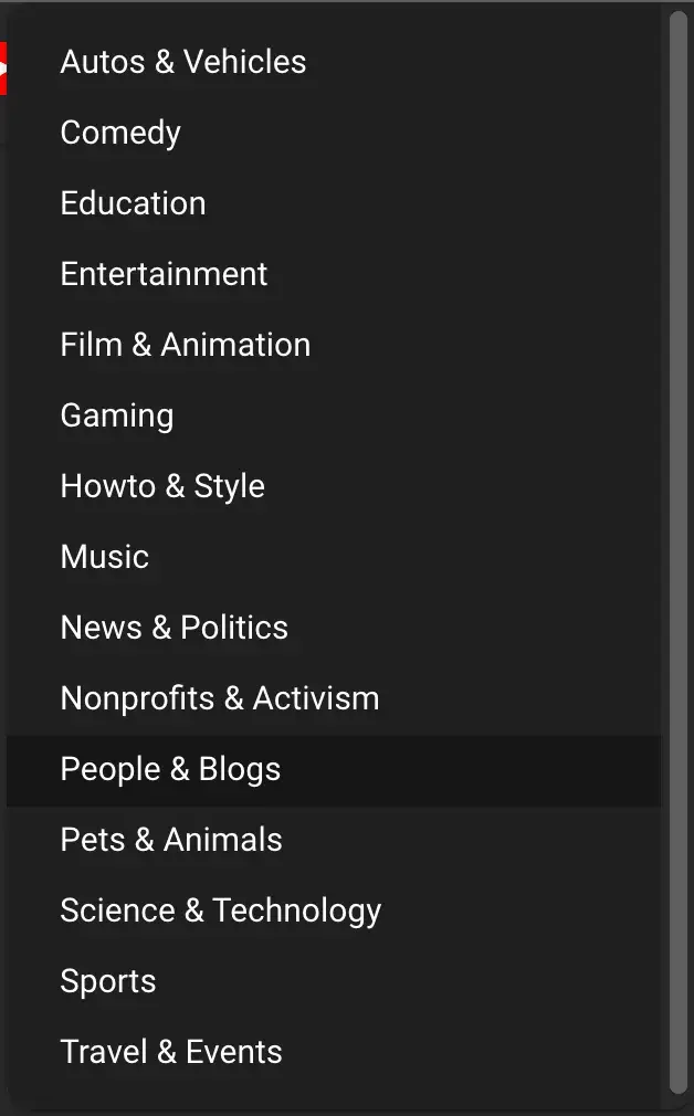 : There are 15 Category options to choose from for your video.