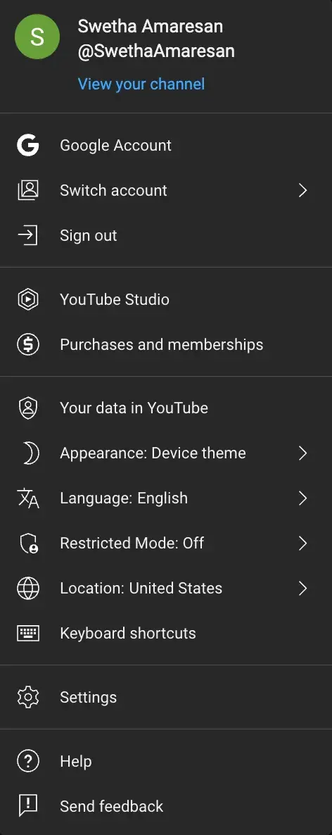 : Dropdown menu of options in your YouTube account module.