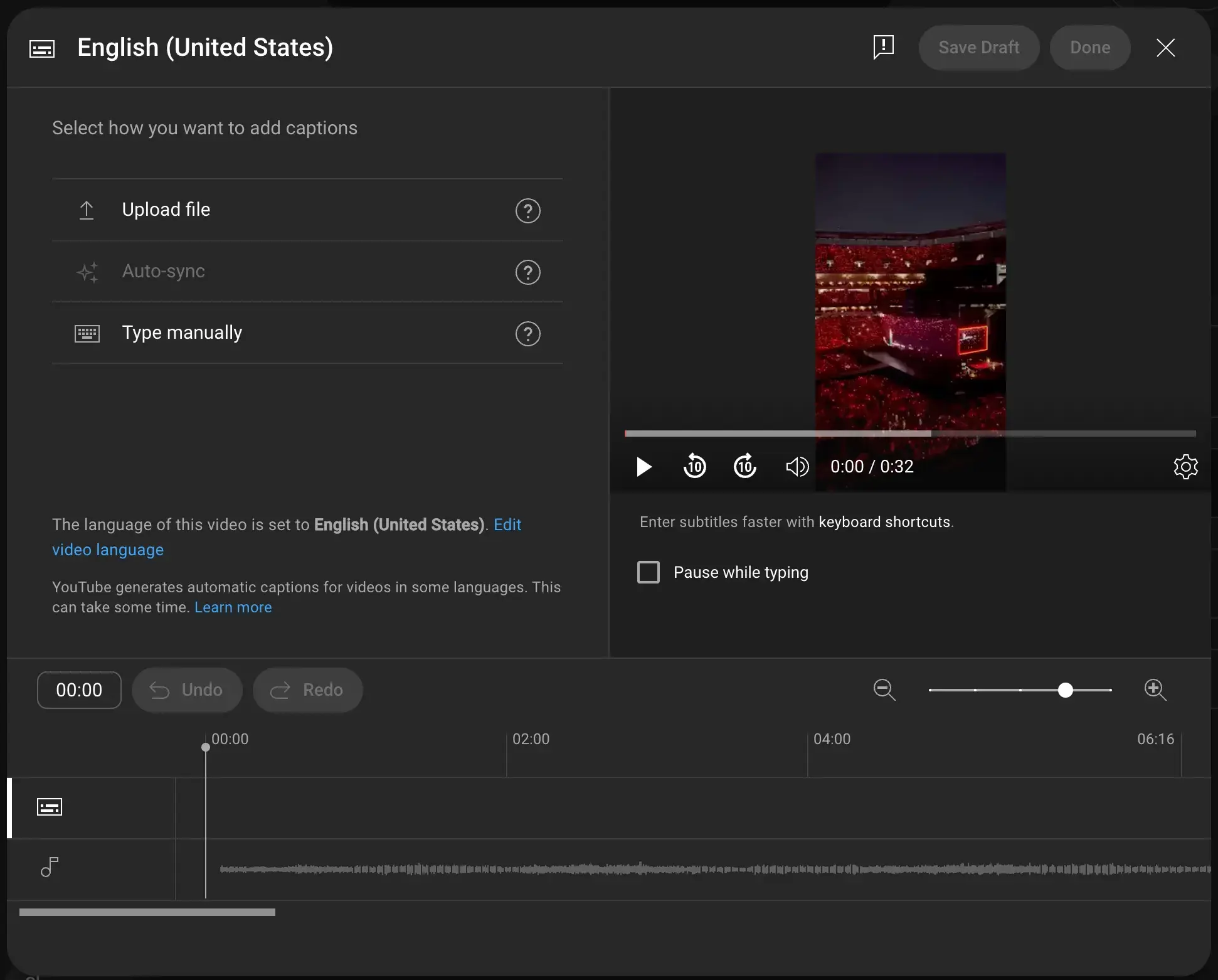 : Select how you want to add subtitles to your video and review the automatic transcript if applicable.