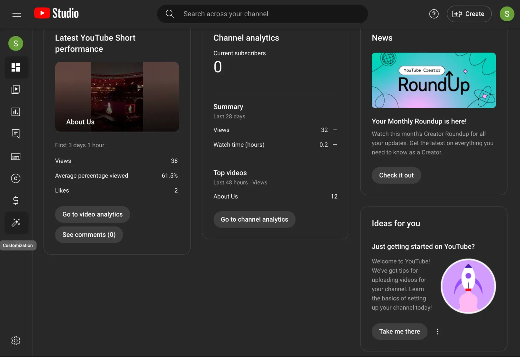 : Go to Customization in YouTube Studio.