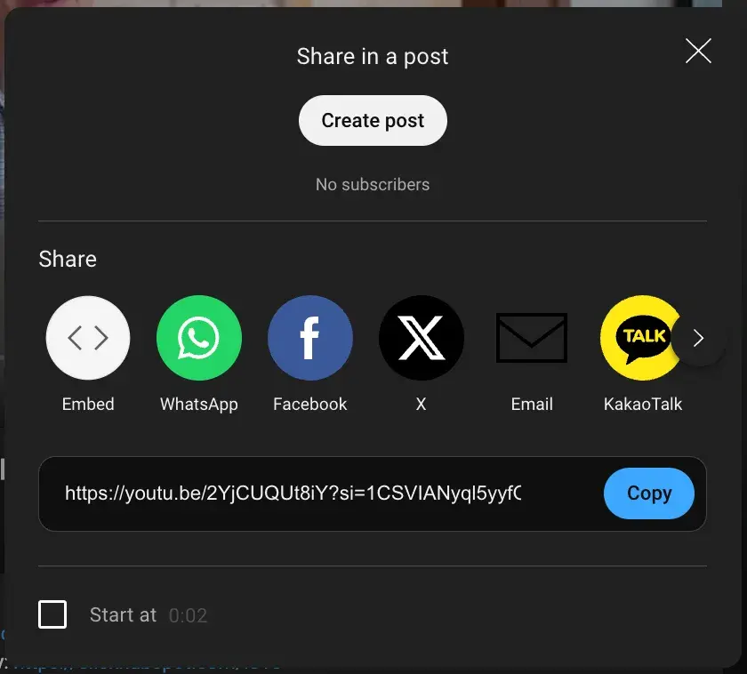 : YouTube offers many Share options, including Embed, WhatsApp, and Facebook.