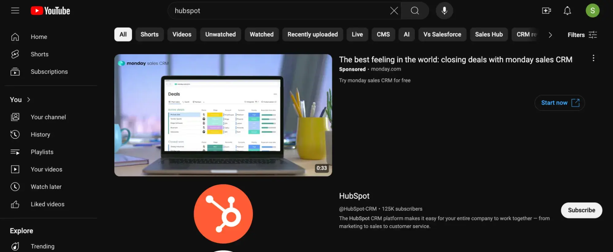 : The first search result when I searched “hubspot” on YouTube was a monday sales CRM video with a Sponsored tag.